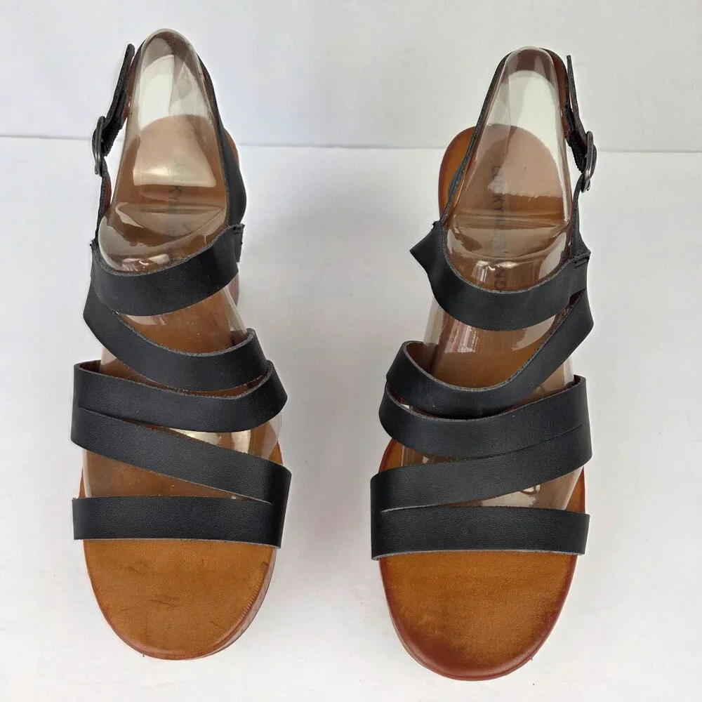 Lucky Brand Marinaa Black Leather Strappy Wedge Sandals 8M